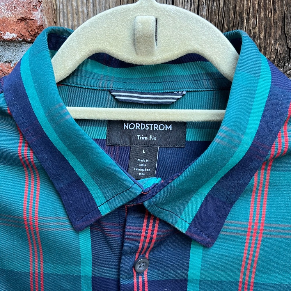 Nordstrom Men's Teal and Navy Plaid Shirt